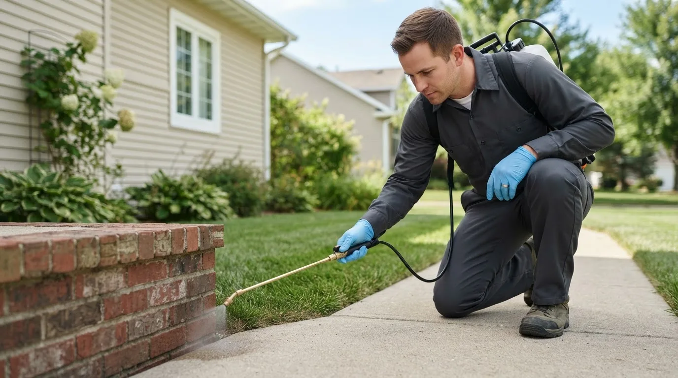Pest control technician treating a home near San Benito, TX