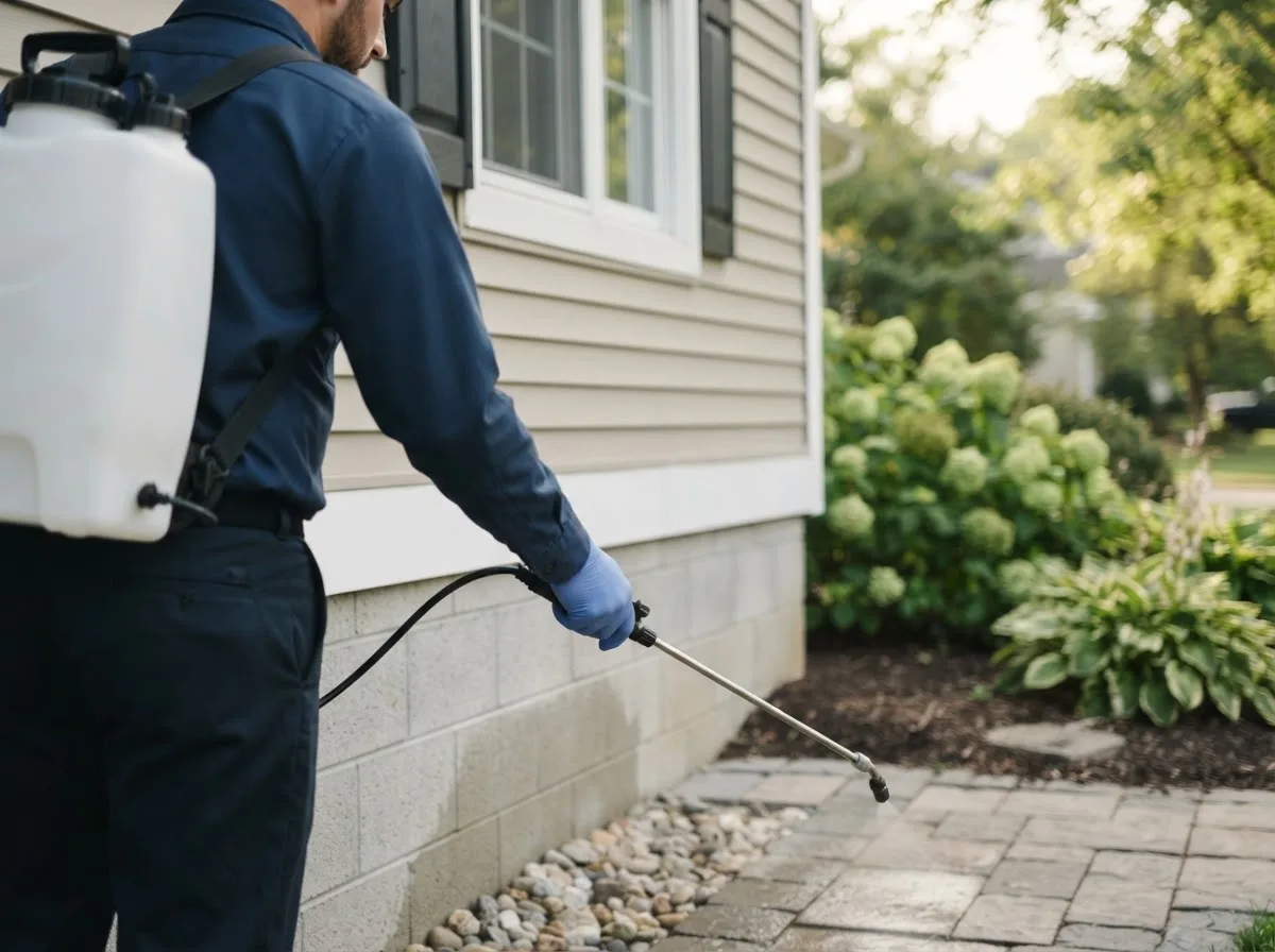 Pest control technician inspecting a home in San Benito, TX